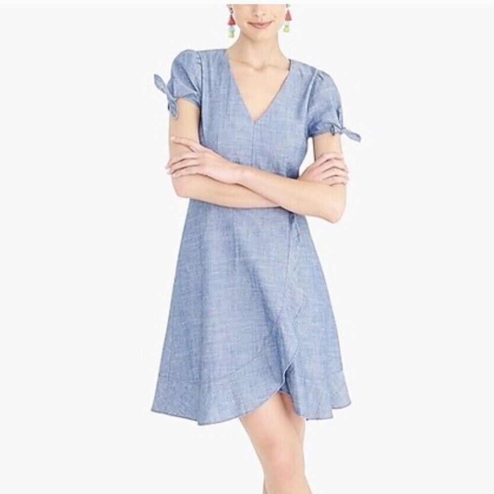 J. Crew -776 Blue Chambray V-Neck Short Sleeve Faux-Wrap‎ Above Knee Dress Sz 00